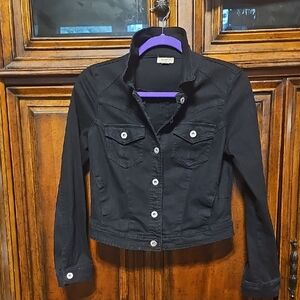 ONE WORLD Black Denim Cropped Jean Jacket with Silver  Buttons! Sz. S (Fits XS)